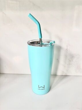 Wellness Double Wall Stainless Steel Tumbler with Straw Aqua powder 30oz 900 ml